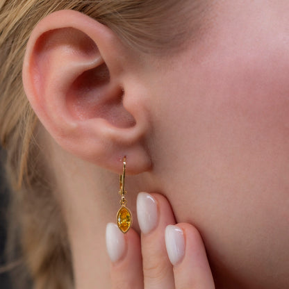 Yellow Topaz Dangle earrings Bezel Marquise Cut in 14K Solid Gold, Birthstone Minimalist Jewelry Queen Jewelry Earrings