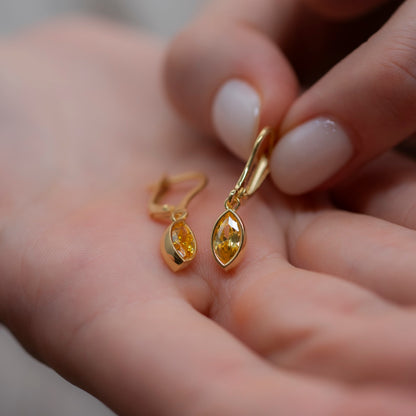 Yellow Topaz Dangle earrings Bezel Marquise Cut in 14K Solid Gold, Birthstone Minimalist Jewelry Queen Jewelry Earrings