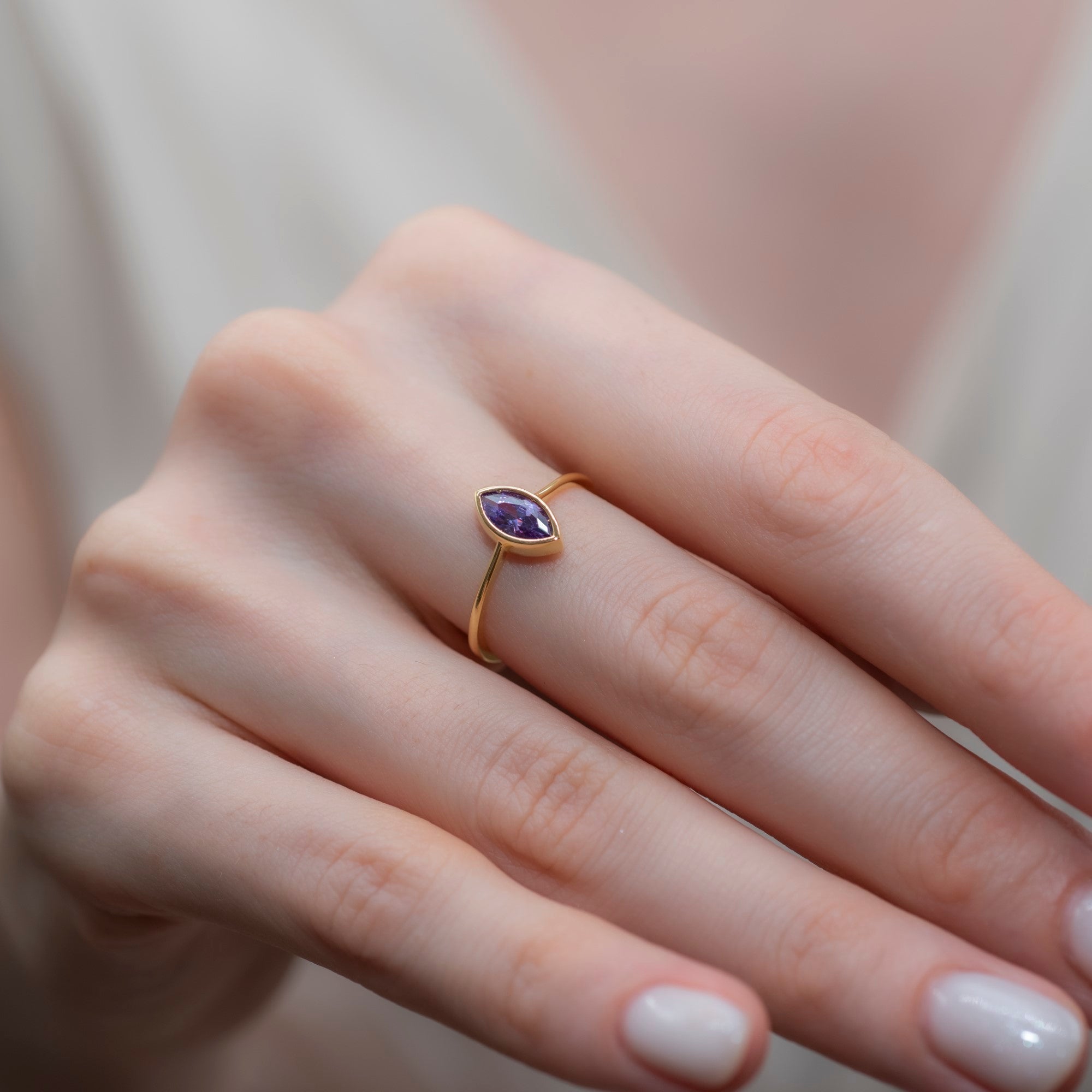 Amethyst Ring Bezel Marquise Cut in 14K Solid Gold, February Birthstone Jewelry Queen Jewelry Rings