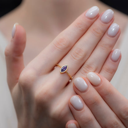 Amethyst Ring Bezel Marquise Cut in 14K Solid Gold, February Birthstone Jewelry Queen Jewelry Rings