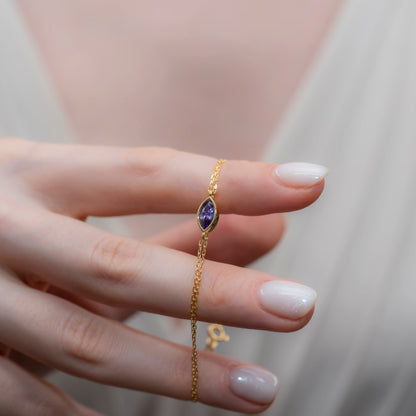 Bezel Marquise Cut Amethyst Bracelet 14K Solid Gold, February Birthstone Jewelry Queen Jewelry Bracelet