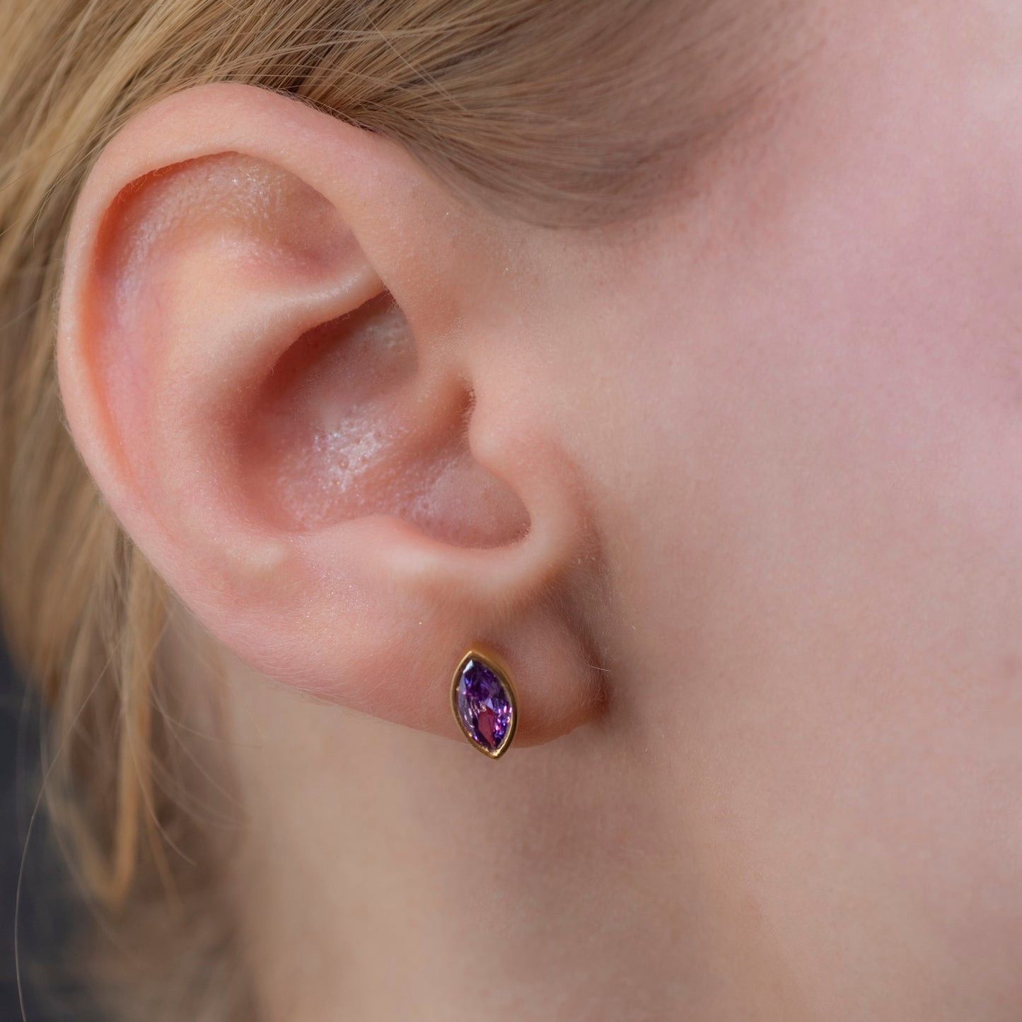 Amethyst Stud Earrings Bezel Marquise Cut in 14K Solid Gold, February Birthstone Jewelry Queen Jewelry Earrings