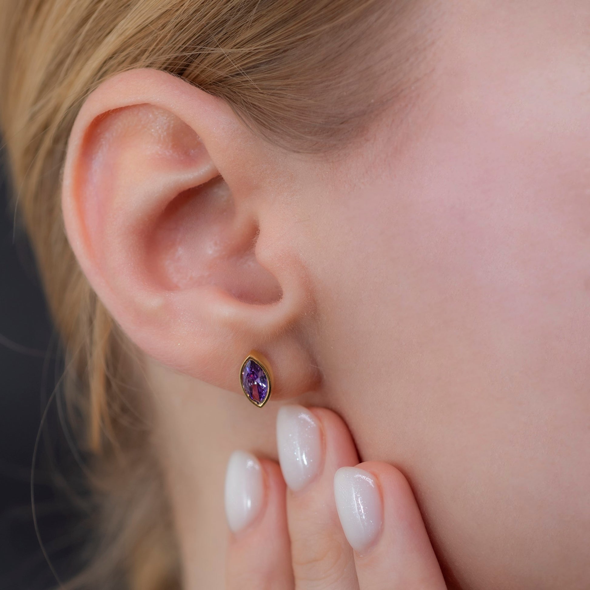 Amethyst Stud Earrings Bezel Marquise Cut in 14K Solid Gold, February Birthstone Jewelry Queen Jewelry Earrings