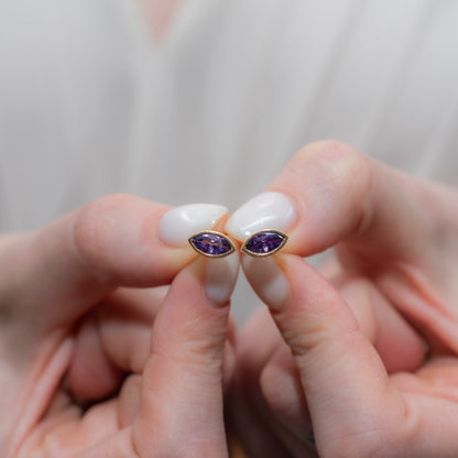 Amethyst Stud Earrings Bezel Marquise Cut in 14K Solid Gold, February Birthstone Jewelry Queen Jewelry Earrings
