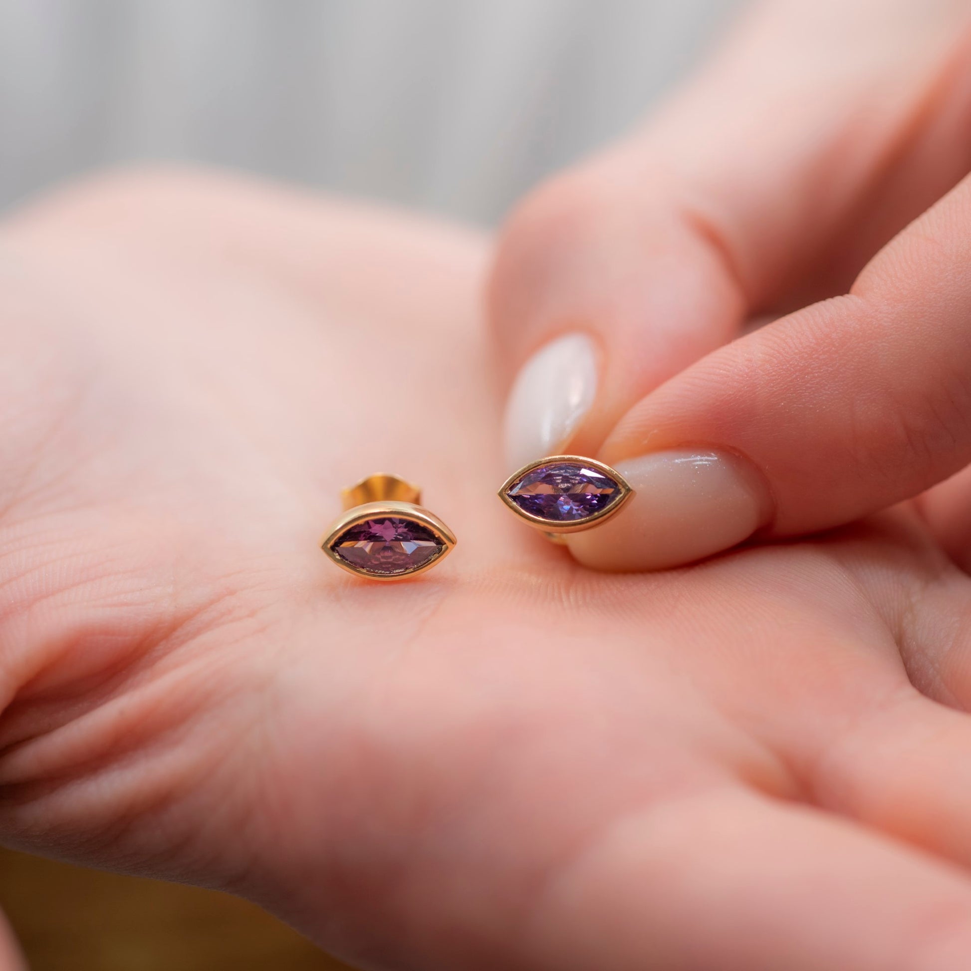 Amethyst Stud Earrings Bezel Marquise Cut in 14K Solid Gold, February Birthstone Jewelry Queen Jewelry Earrings
