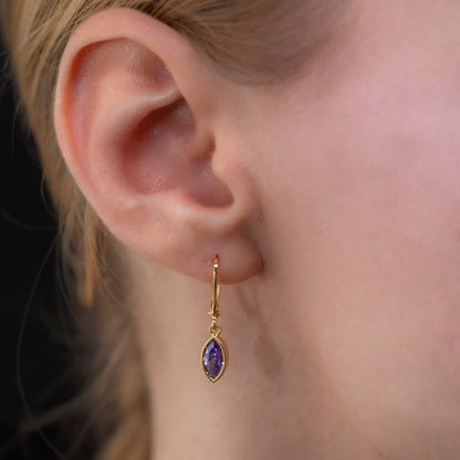 Amethyst Dangle Earrings Bezel Marquise Cut in 14K Solid Gold, February Birthstone Jewelry Queen Jewelry Earrings