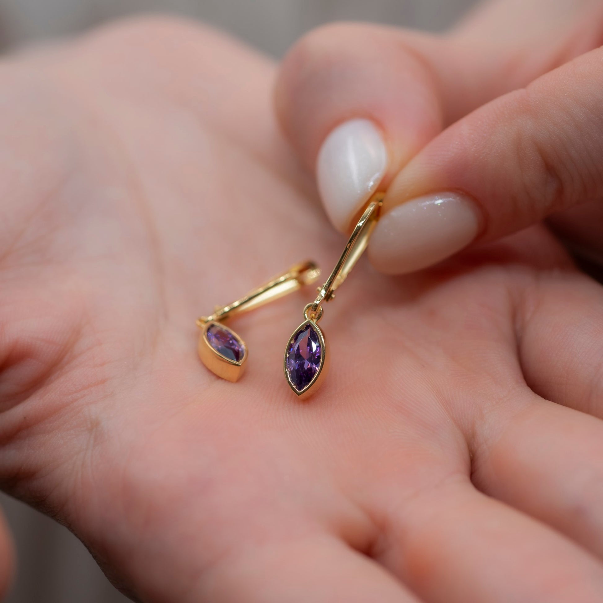 Amethyst Dangle Earrings Bezel Marquise Cut in 14K Solid Gold, February Birthstone Jewelry Queen Jewelry Earrings