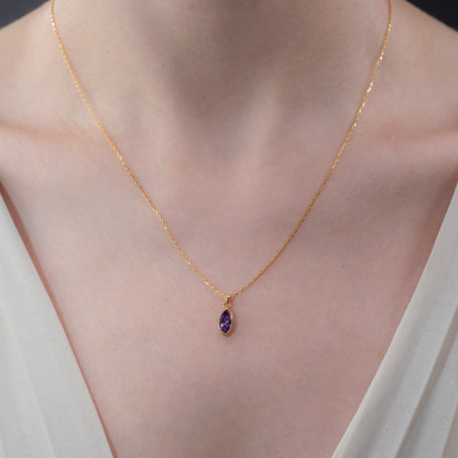 Marquise Cut Amethyst Bezel Necklace 14K Solid Gold, February Birthstone Pendant Queen Jewelry Necklace
