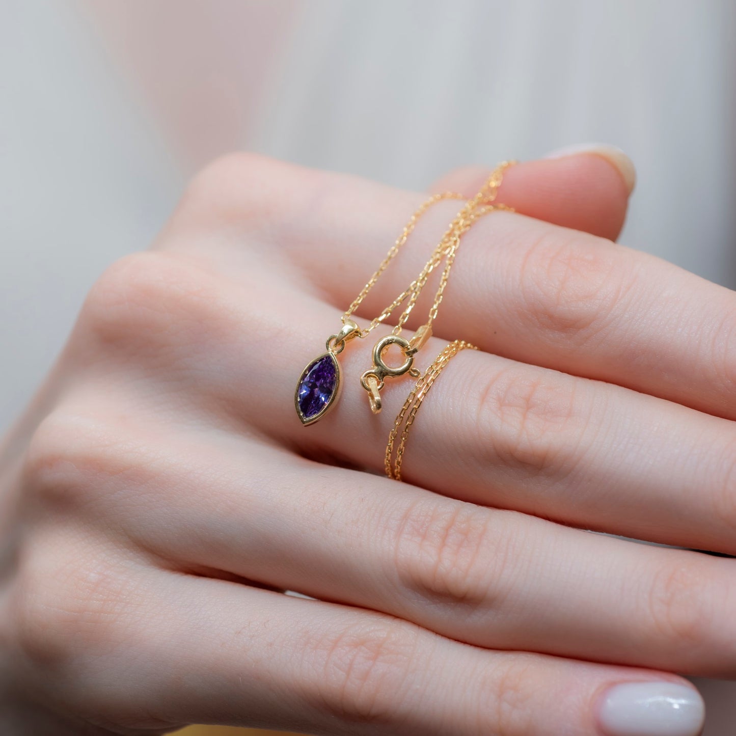 Marquise Cut Amethyst Bezel Necklace 14K Solid Gold, February Birthstone Pendant Queen Jewelry Necklace
