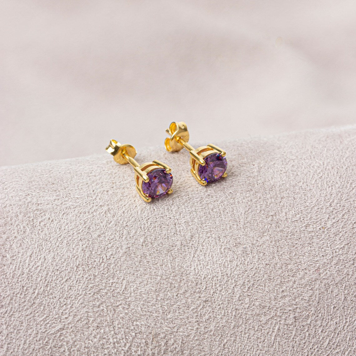 Round Amethyst Stud Earrings 10K/14K Solid Gold, February Birthstone