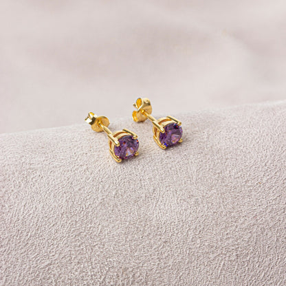 Round Amethyst Stud Earrings 10K/14K Solid Gold, February Birthstone