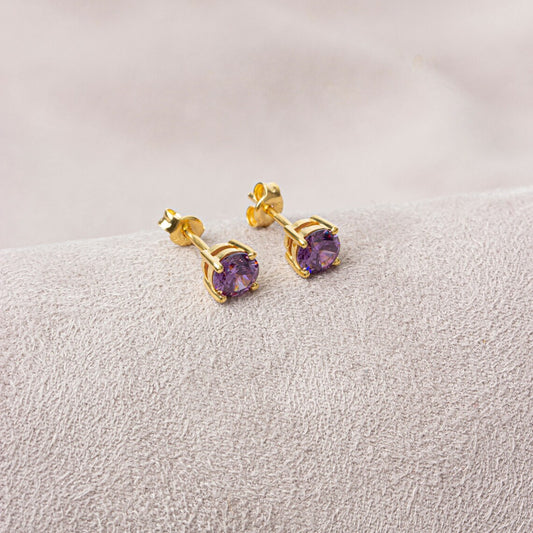 Round Amethyst Stud Earrings 10K/14K Solid Gold, February Birthstone
