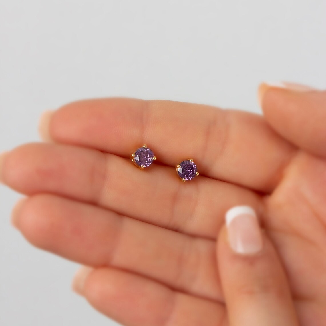Round Amethyst Stud Earrings 10K/14K Solid Gold, February Birthstone