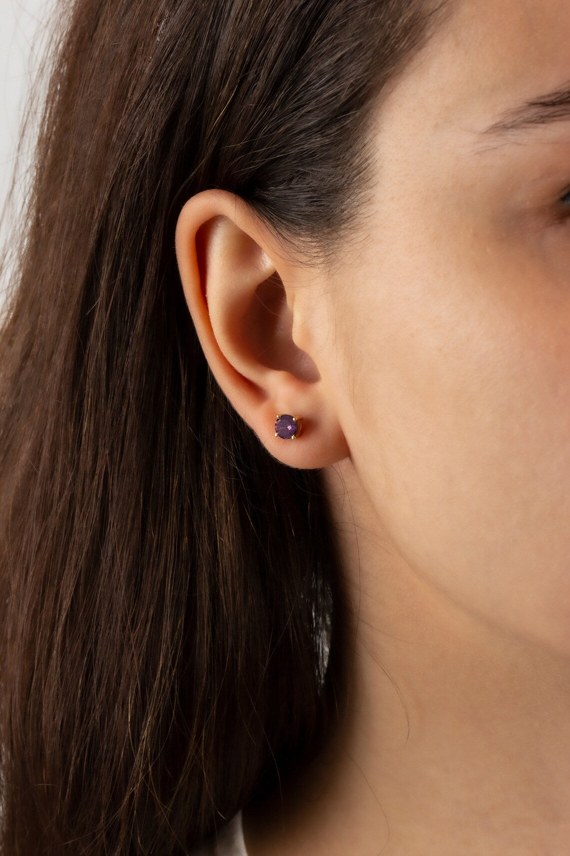 Round Amethyst Stud Earrings 10K/14K Solid Gold, February Birthstone