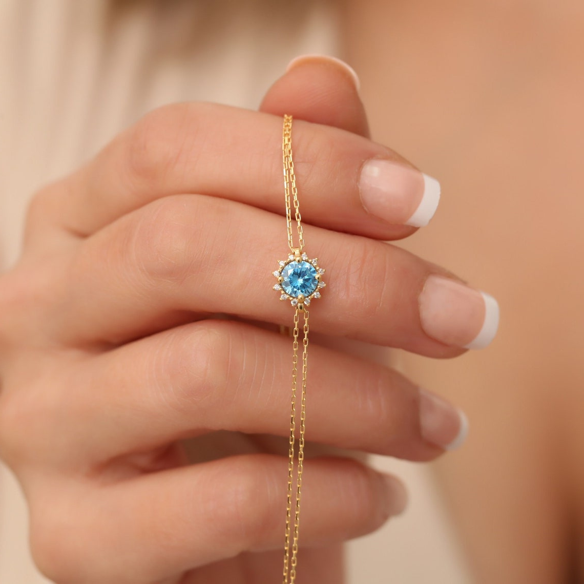 Round Blue Topaz Bracelet with Real Diamond, 8K/10K/14K Solid Gold, December Birthstone