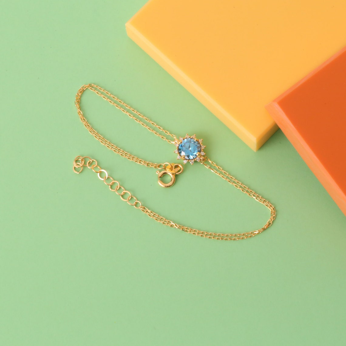 Round Blue Topaz Bracelet with Real Diamond, 8K/10K/14K Solid Gold, December Birthstone