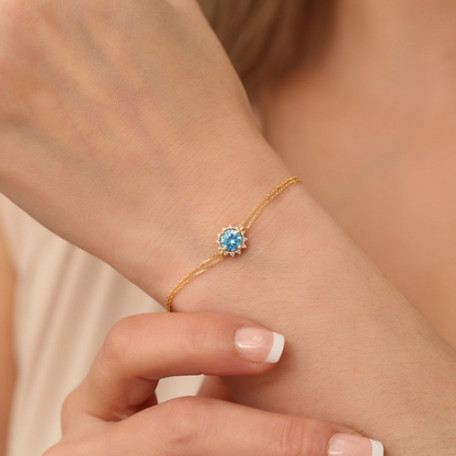 Round Blue Topaz Bracelet with Real Diamond, 8K/10K/14K Solid Gold, December Birthstone