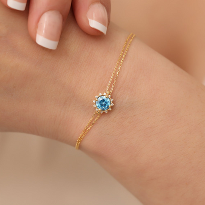 Round Blue Topaz Bracelet with Real Diamond, 8K/10K/14K Solid Gold, December Birthstone