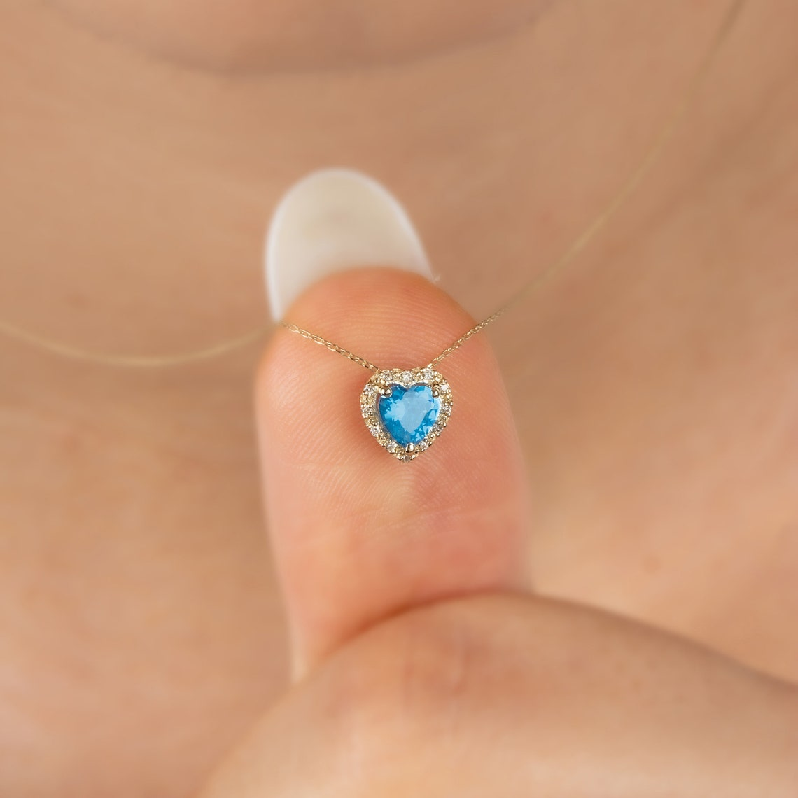 Blue Topaz Heart Necklace with Real Diamond, 8K/10K/14K Solid Gold, December Birthstone