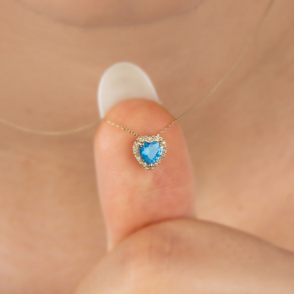 Blue Topaz Heart Necklace with Real Diamond, 8K/10K/14K Solid Gold, December Birthstone