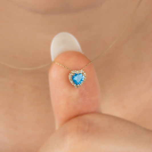 Blue Topaz Heart Necklace with Real Diamond, 8K/10K/14K Solid Gold, December Birthstone