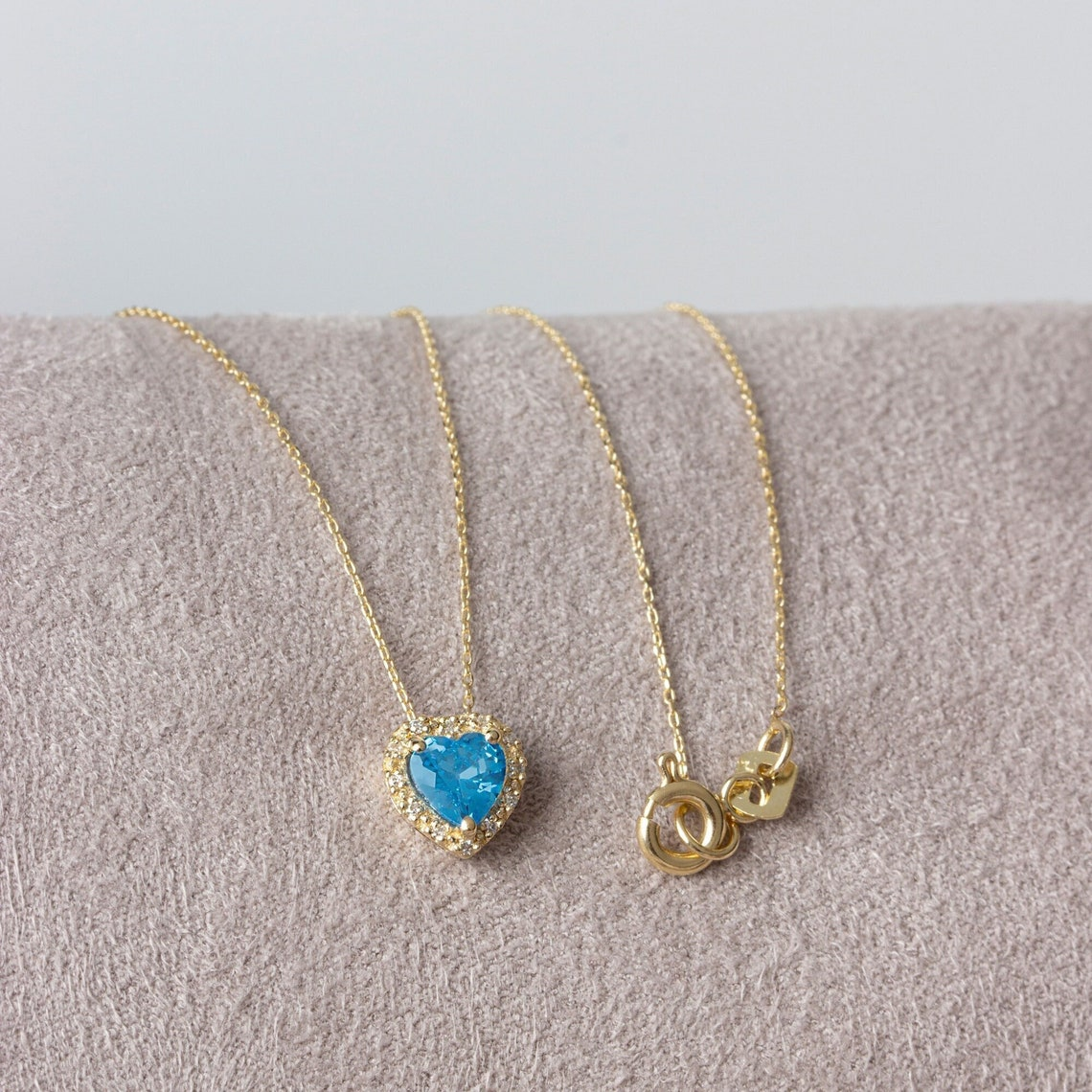 Blue Topaz Heart Necklace with Real Diamond, 8K/10K/14K Solid Gold, December Birthstone
