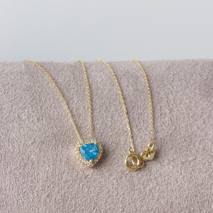 Blue Topaz Heart Necklace with Real Diamond, 8K/10K/14K Solid Gold, December Birthstone