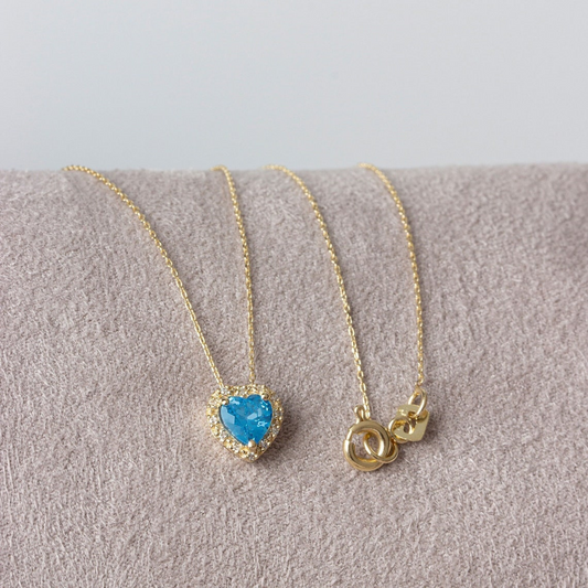 Blue Topaz Heart Necklace with Real Diamond, 8K/10K/14K Solid Gold, December Birthstone
