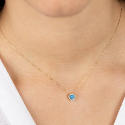 Blue Topaz Heart Necklace with Real Diamond, 8K/10K/14K Solid Gold, December Birthstone