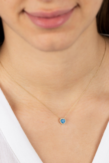 Blue Topaz Heart Necklace with Real Diamond, 8K/10K/14K Solid Gold, December Birthstone