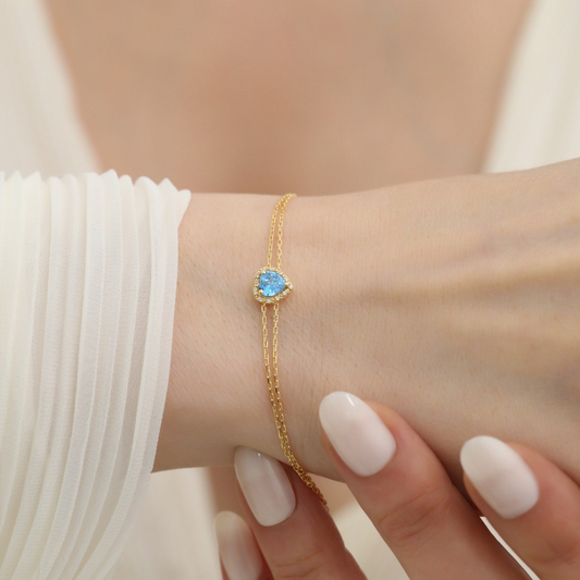 Blue Topaz Heart Bracelet with Real Diamond, 8K/10K/14K Solid Gold, December Birthstone