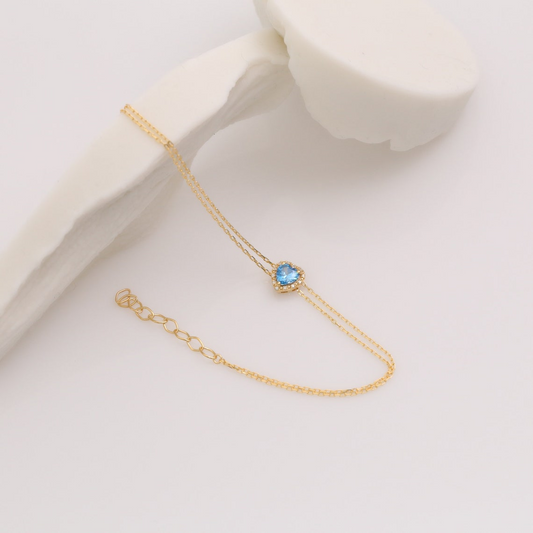 Blue Topaz Heart Bracelet with Real Diamond, 8K/10K/14K Solid Gold, December Birthstone