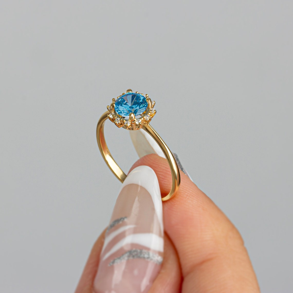 Round Blue Topaz Ring with Real Diamond Around 14K Solid Gold, December Birthstone