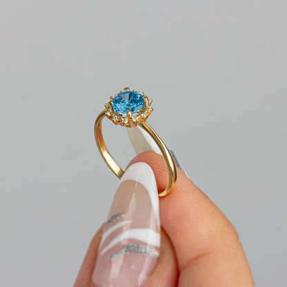 Round Blue Topaz Ring with Real Diamond Around 14K Solid Gold, December Birthstone