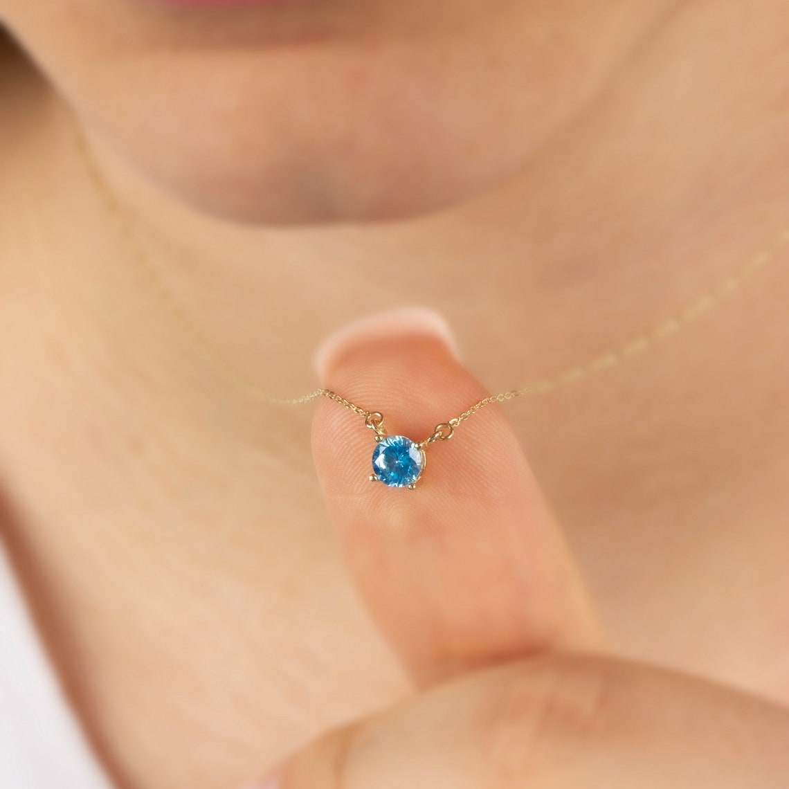 Double Hoop Blue Topaz Necklace 14K Solid Gold, Round December Minimalist Jewelry