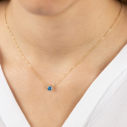 Double Hoop Blue Topaz Necklace 14K Solid Gold, Round December Minimalist Jewelry