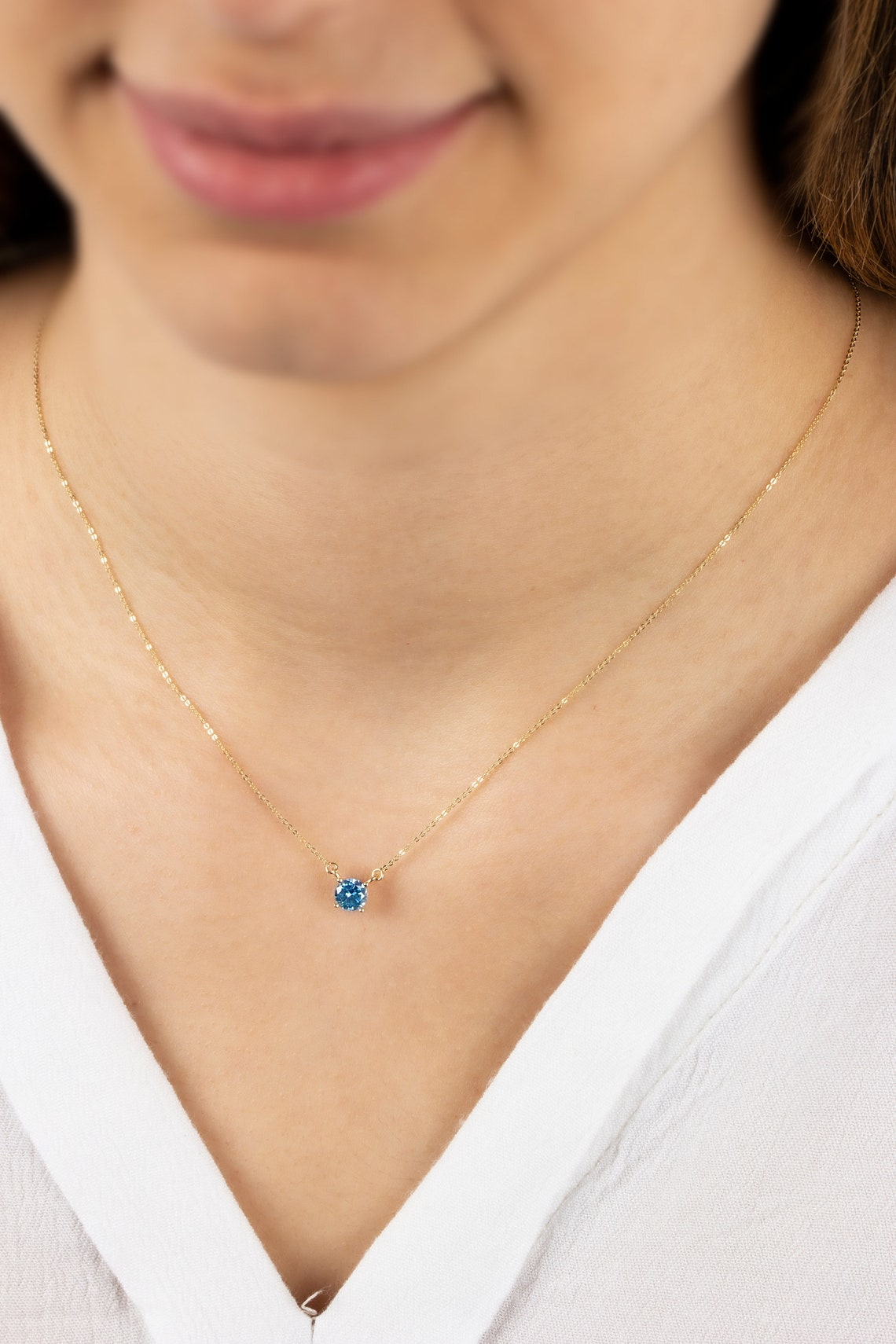 Double Hoop Blue Topaz Necklace 14K Solid Gold, Round December Minimalist Jewelry
