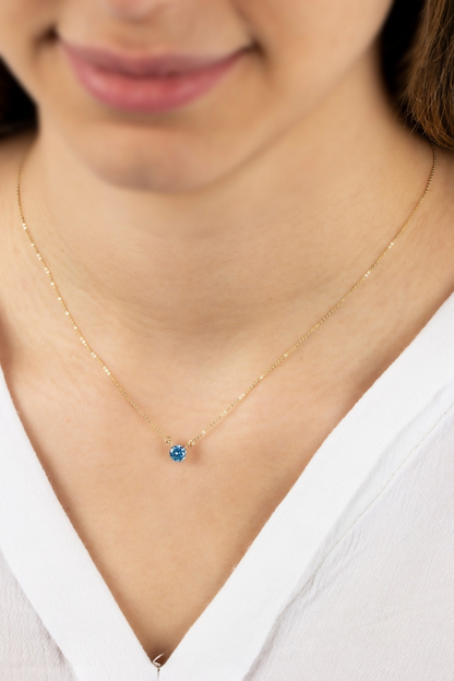 Double Hoop Blue Topaz Necklace 14K Solid Gold, Round December Minimalist Jewelry