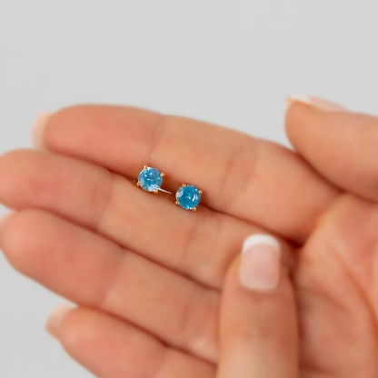 Round Blue Topaz Stud Earrings 10K/14K Solid Gold, December Birthstone