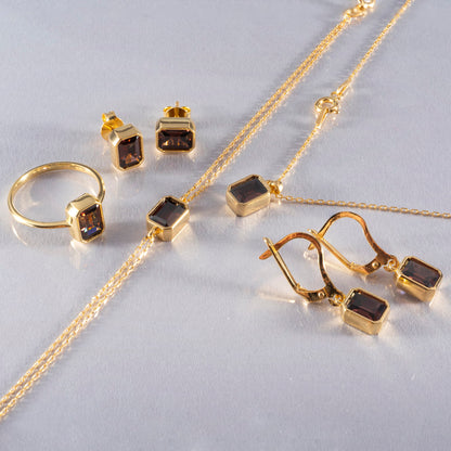 Smoky Quartz Topaz Rectangle Ring 14K Solid Gold, Baguette Cut Design Birthstone Queen Jewelry Rings