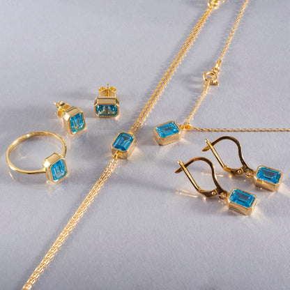 Blue Topaz Rectangle Ring 14K Solid Gold, December Birthstone, Baguette Cut Design Queen Jewelry Rings