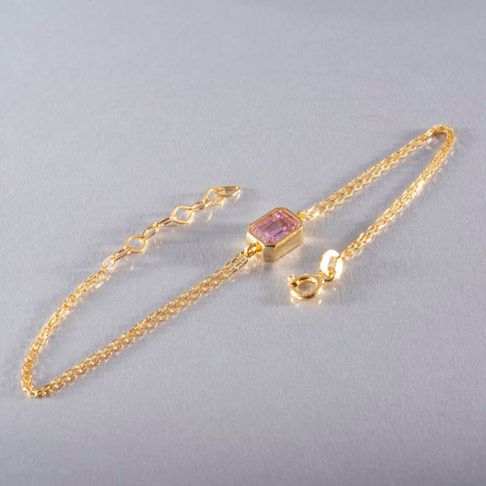 Pink Tourmaline Rectangle Bracelet 10K/14K Solid Gold, October Birthstone Baguette Jewelry