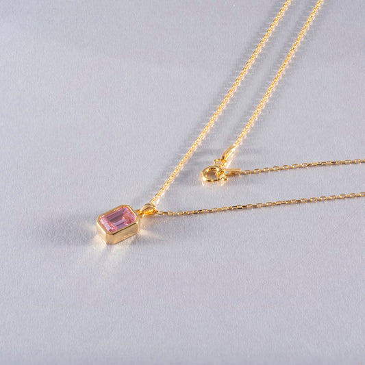 Pink Tourmaline Rectangle Bezel Necklace 14K Solid Gold, October Birthstone Pendant Queen Jewelry Necklace