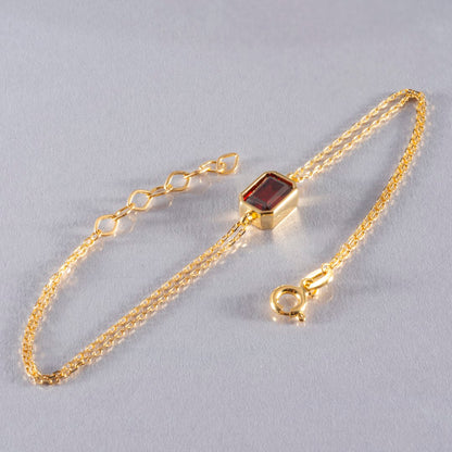 Garnet Rectangle Bracelet 10K/14K Solid Gold, January Birthstone Baguette Jewelry