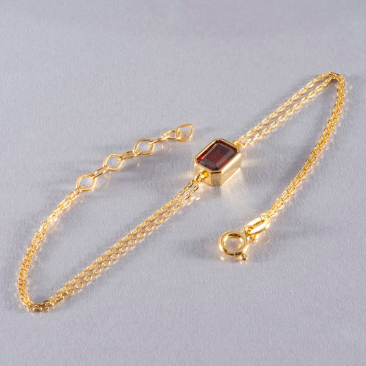 Garnet Rectangle Bracelet 10K/14K Solid Gold, January Birthstone Baguette Jewelry