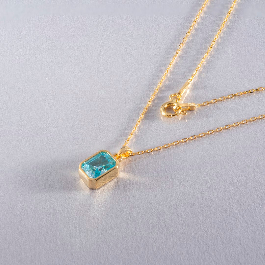 Aquamarine Rectangle Bezel Necklace 14K Solid Gold, March Birthstone Pendant Queen Jewelry Necklace