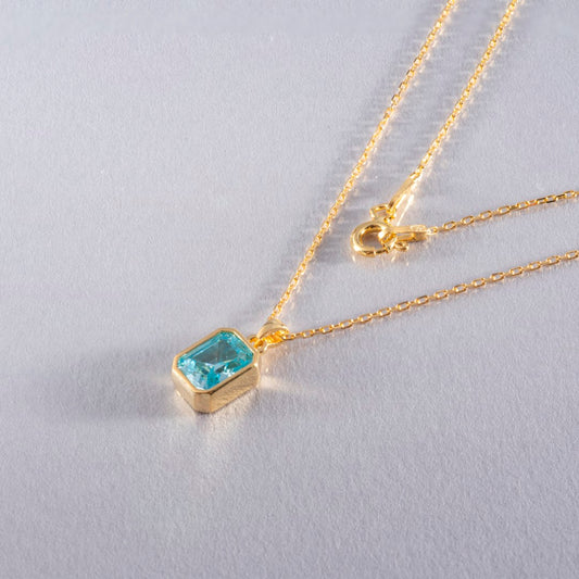 Aquamarine Rectangle Bezel Necklace 14K Solid Gold, March Birthstone Pendant Queen Jewelry Necklace