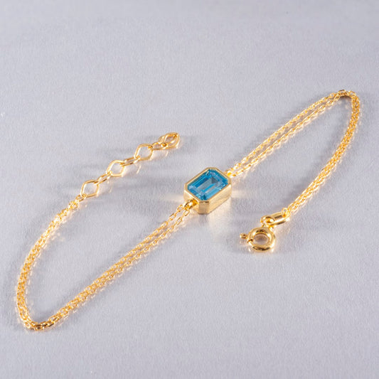 Blue Topaz Rectangle Bracelet 10K/14K Solid Gold, December Birthstone Baguette Jewelry