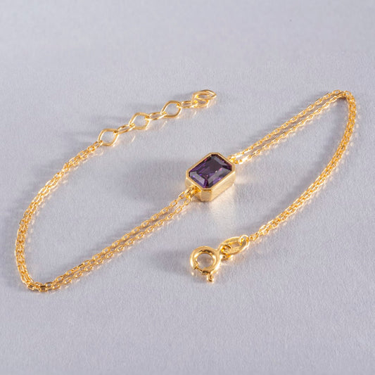 Amethyst Rectangle Bracelet 10K/14K Solid Gold, February Birthstone Baguette Jewelry