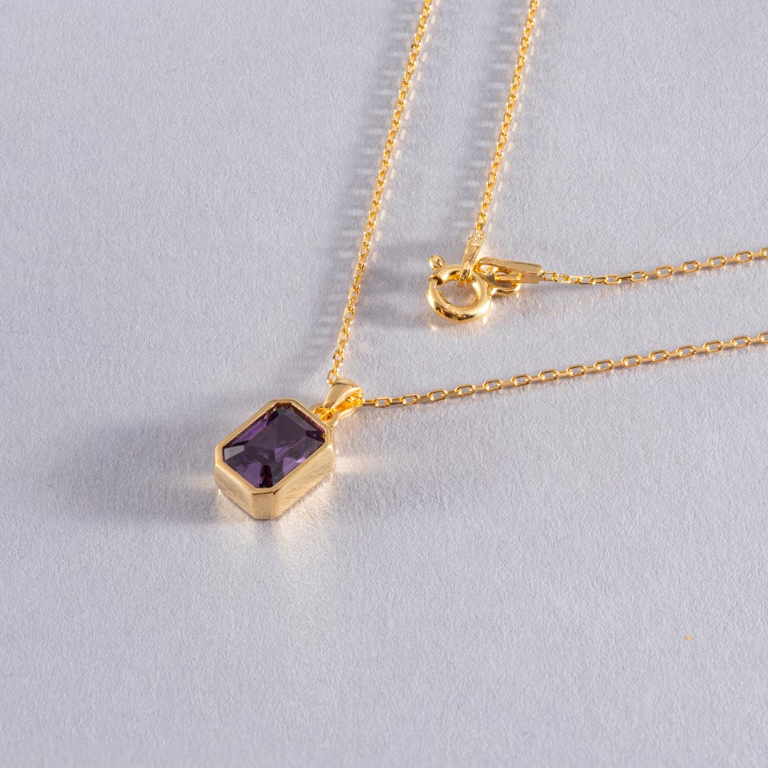 Amethyst Rectangle Bezel Necklace 14K Solid Gold, February Birthstone Pendant Queen Jewelry Necklace
